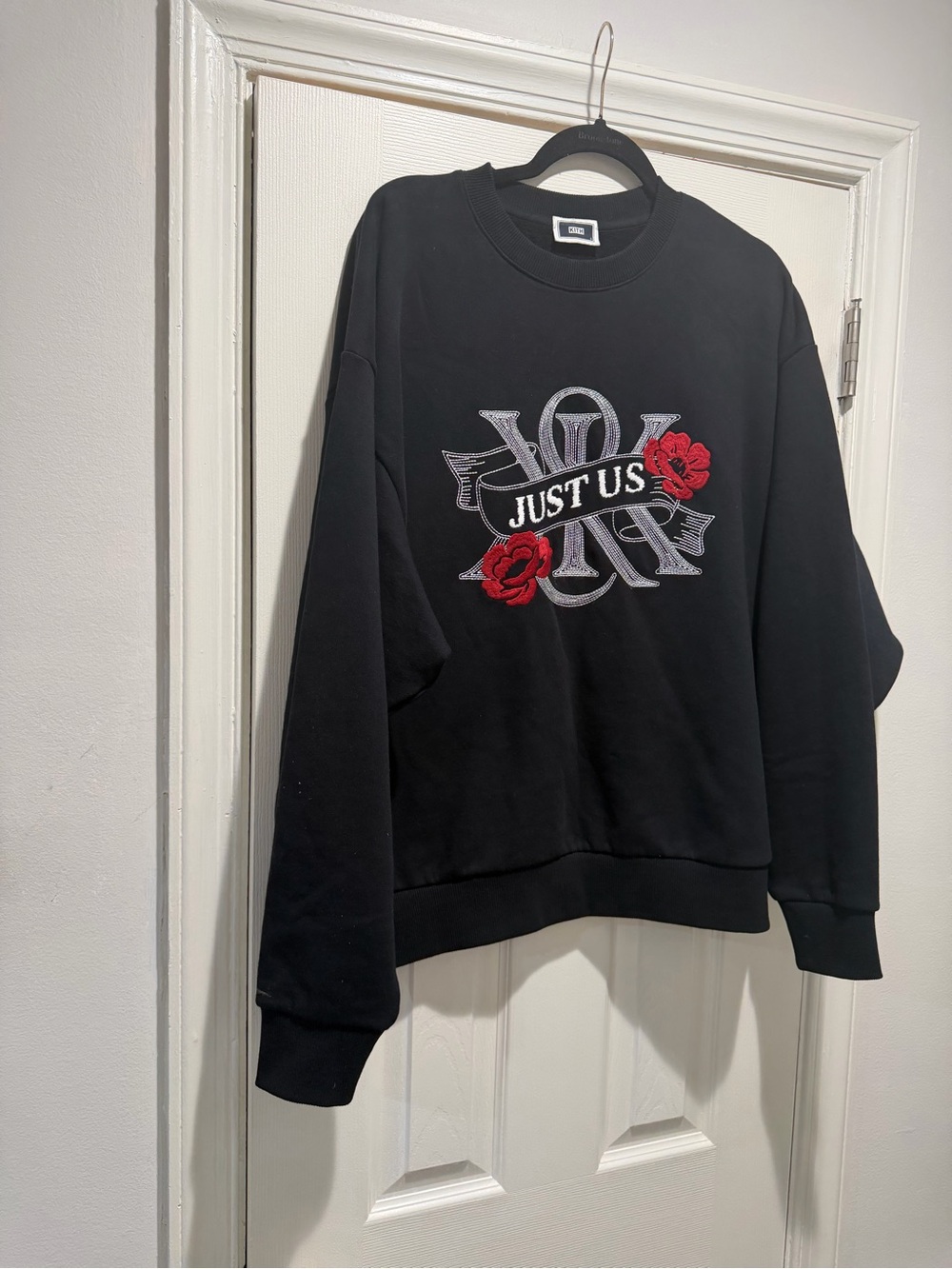 Kith Black Crewneck Sweatshirt with Red Rose Embroidery